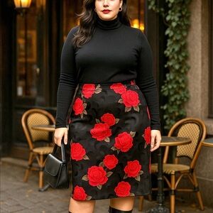 Vintage 90s Silk Floral Skirt 14 Black Red Rose Dark Romance Whimsigoth Korea